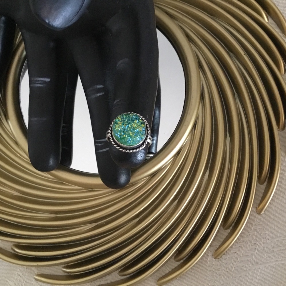 GREEN DRUZY ROUND STERLING SILVER RING/ SIZE 7 - Picture 2 of 8